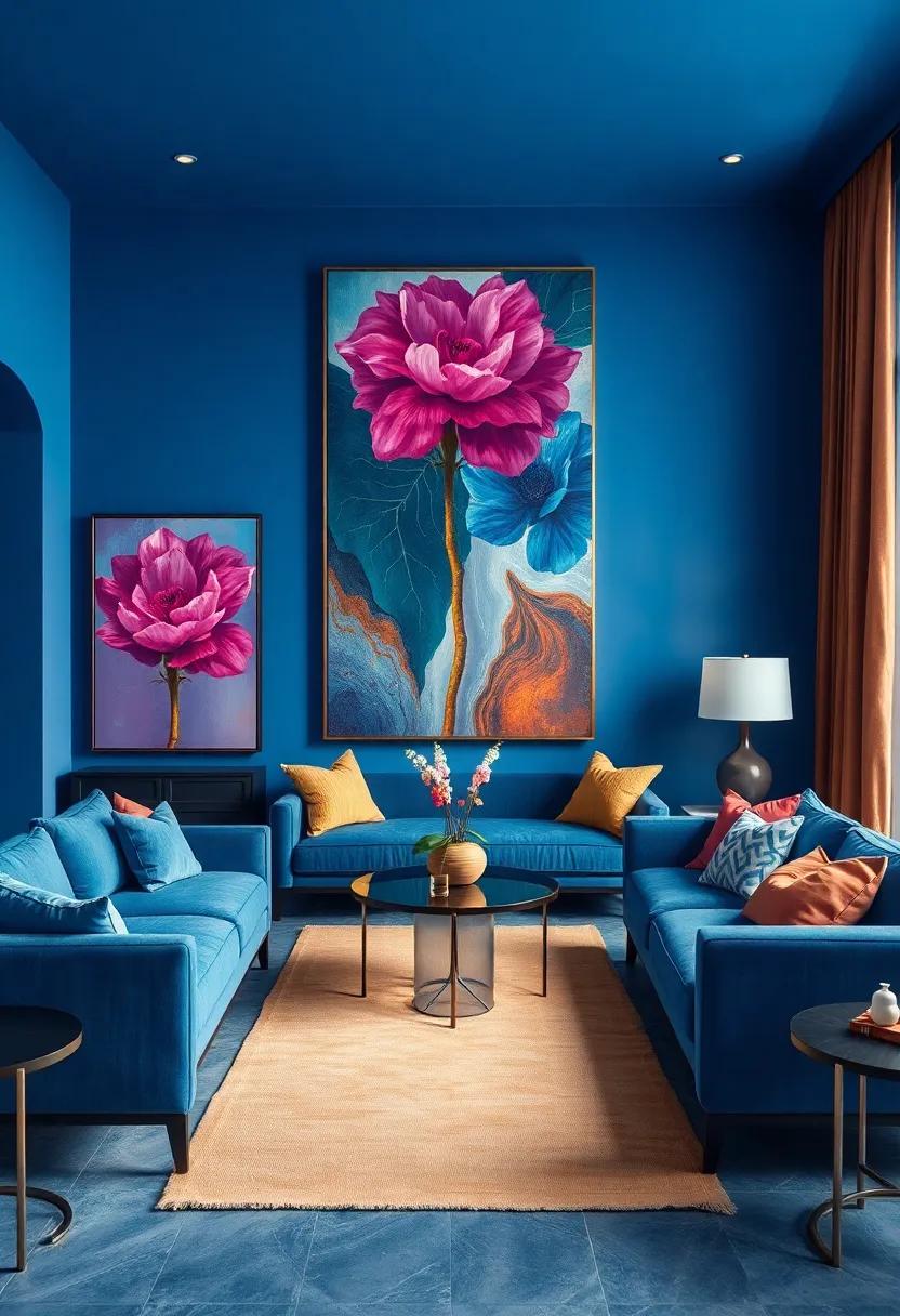 Moody Blue Interiors Paired with Vivid, Large-Format Surrealistic Paintings for Dramatic Visual Impact