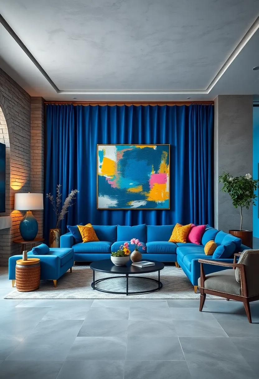 Sophisticated Living Room Scene Focused on Deep Blue Velvet Curtains and Vibrant, Bold Canvas Expressions
