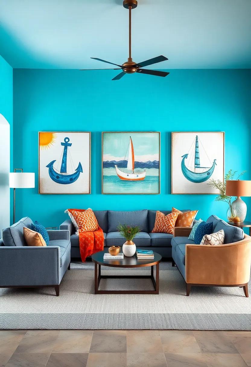 A Contemporary Coastal Living Room with Turquoise Walls and Large Nautical-Inspired Art Pieces