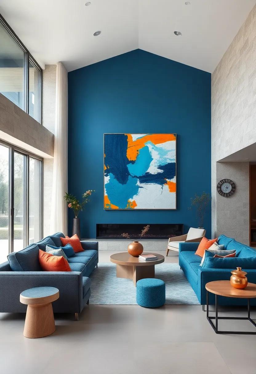 Navy and Turquoise Hues Blending in a High-Ceilinged Room Showcasing Dramatic, Large-Scale Abstract Art