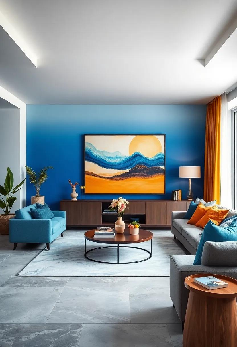 Contemporary Living Space Featuring a Gradient Blue Accent Wall with Large, Impactful Digital Art