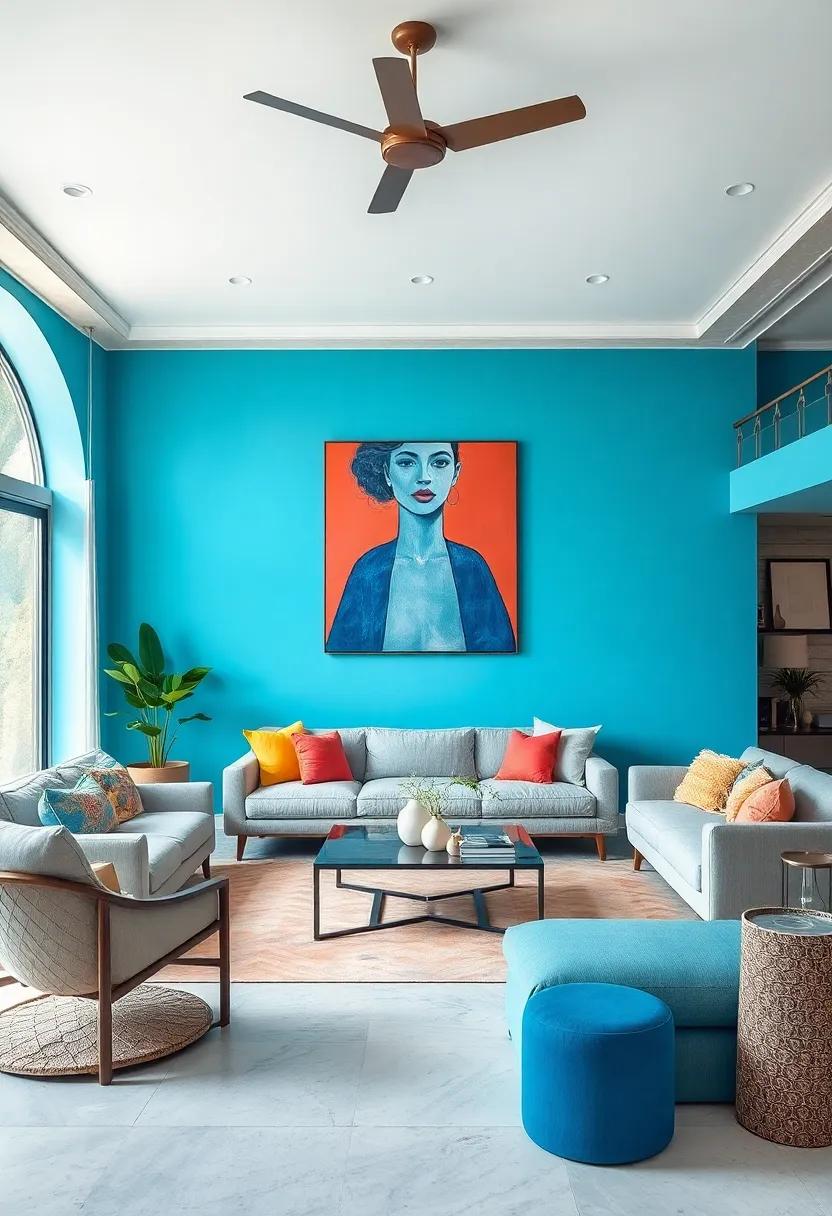 Living Room Featuring a Bold Contrast Between Aquamarine Walls and Bright, Figurative Artwork
