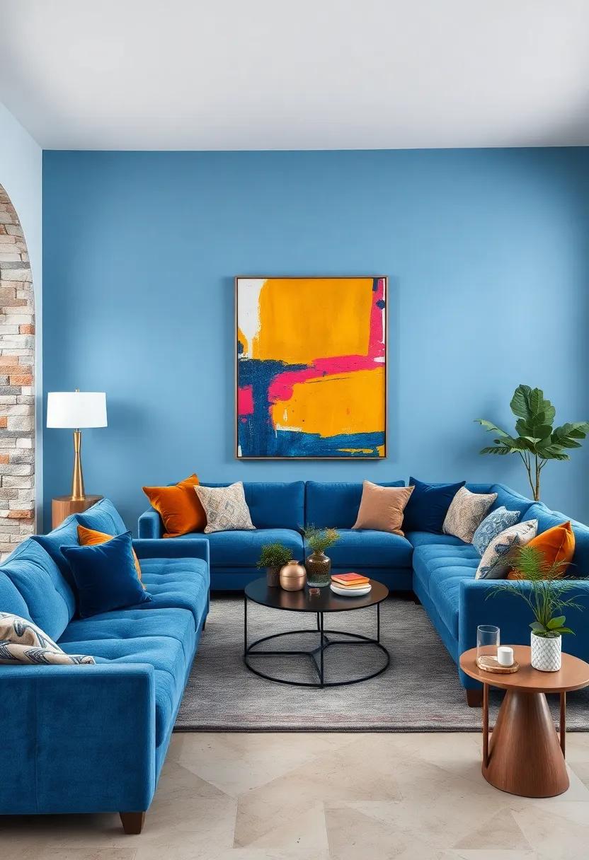 A Cozy Living Room with Plush Blue Velvet Sofas Framed by Large, Colorful Modern Artworks