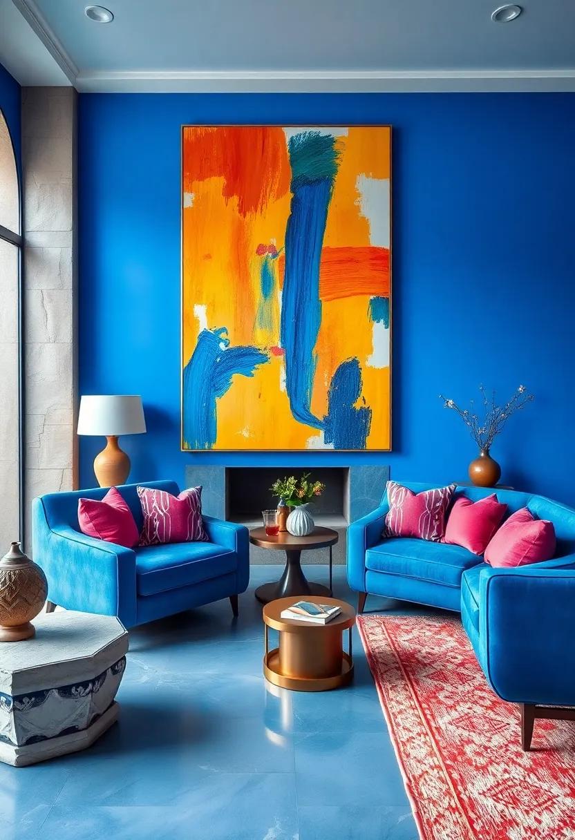 Bright Blue Armchairs Contrasted with Large Oversized Art Canvases Featuring Dynamic Brushstrokes