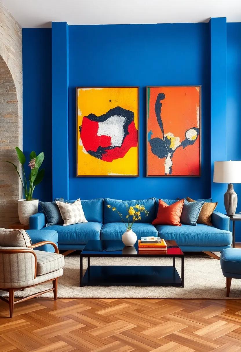 Bold Abstract Art Pieces Popping Against Deep Blue Accent Walls in a Contemporary Living Space