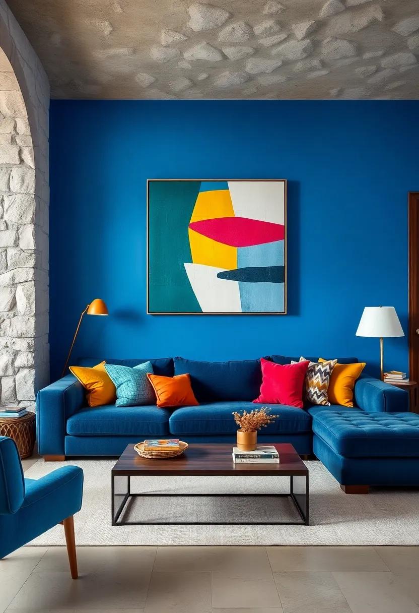 Eclectic Mix of Bold Geometric Art Hanging Above a Navy Blue Sectional Sofa with Bright Throw Pillows