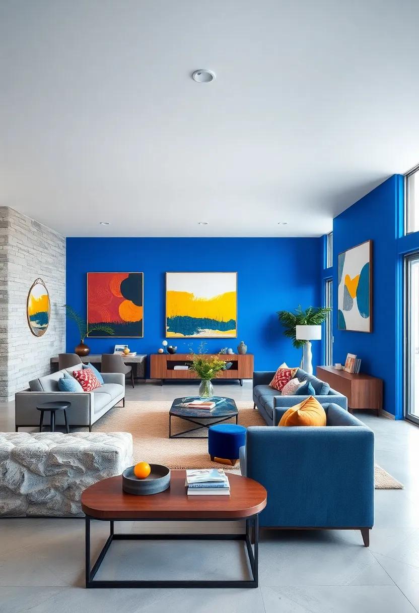 Open Concept Living Room Featuring a Striking Sapphire Blue Feature Wall and Statement Art Installations