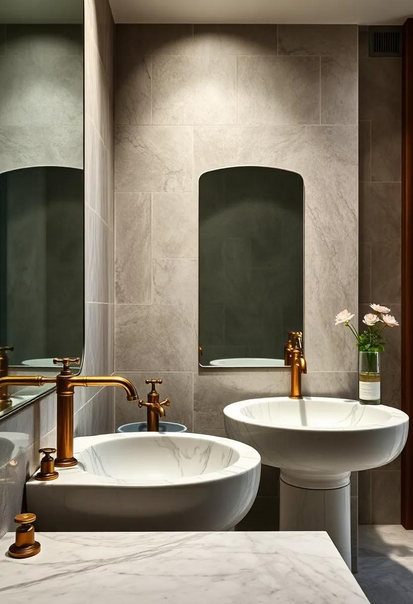Antique Brass Faucets Dripping Elegance Over Polished Marble Sinks with Subtle Veining Details