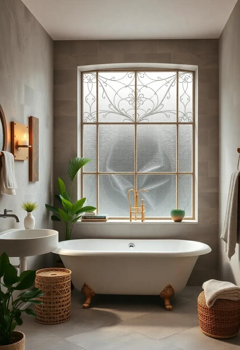 The Charm of Frosted Glass Windows with Decorative Etching Framing a Vintage Bathtub Scene