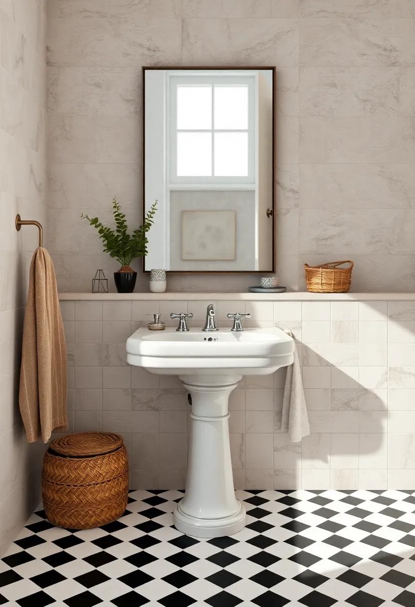 Classic Checkerboard Tiles Underneath a Pedestal Sink with Delicately Curved Legs and Chrome Handles