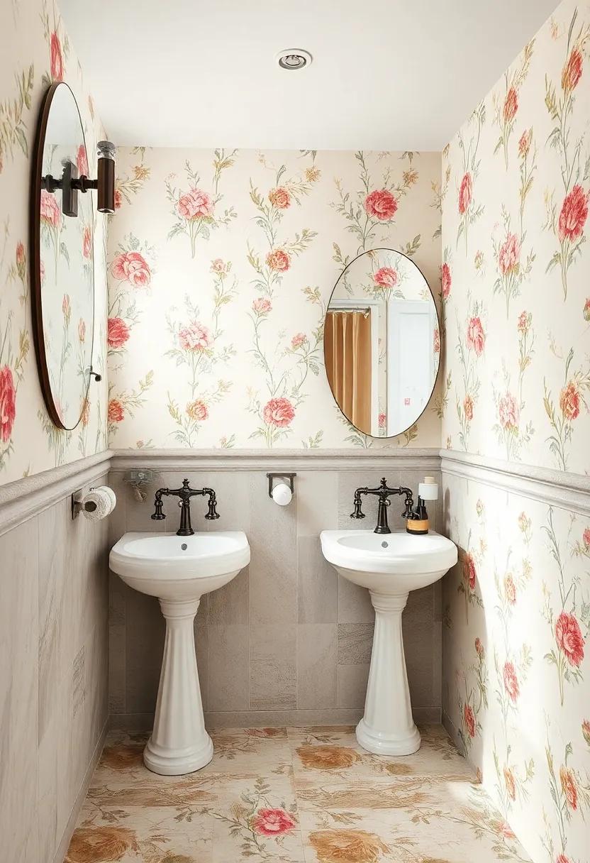 Delicate Floral Wallpaper Patterns Surrounding Vintage Porcelain Sinks with Ornate Faucets