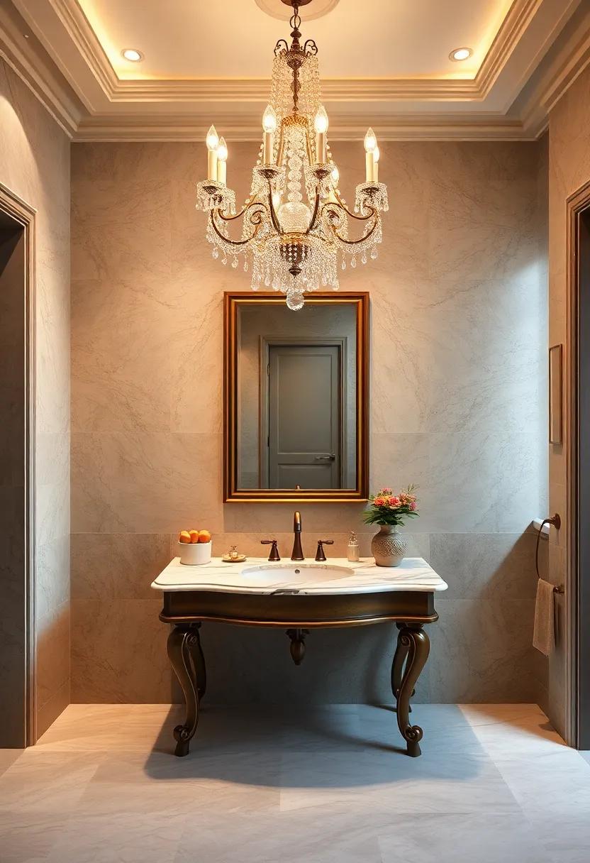 Elegant Crystal Chandelier Casting Sparkling Light Over an Antique Marble Countertop