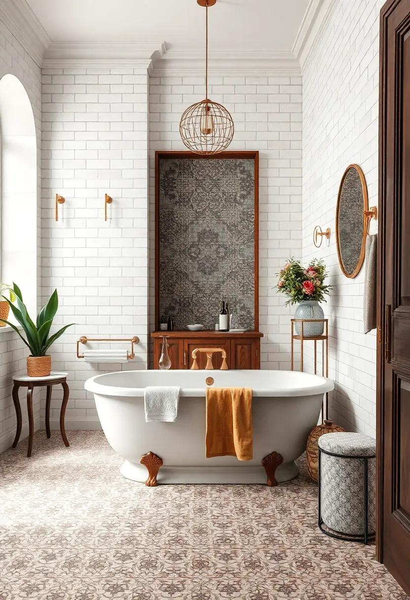 Intricate Mosaic Tile Floors in Muted Tones Complementing Classic White Subway Wall Tiles