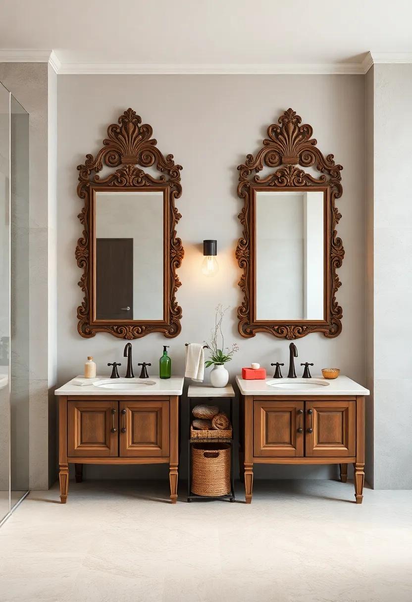 Intricately Carved Wooden Mirror Frames Above Classic Double Sink Vanities in a Neutral Palette