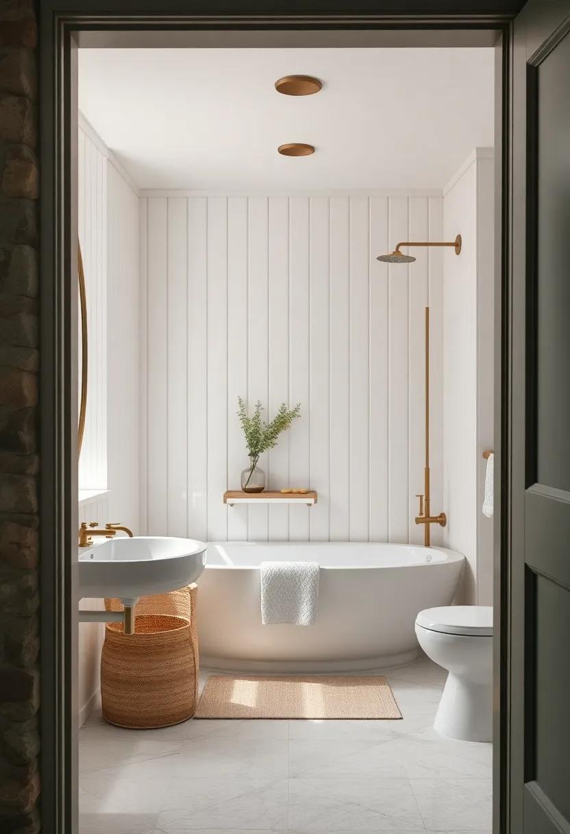 Old World Charm Captured in Classic Brass Shower Fixtures Framed by White Beadboard Walls