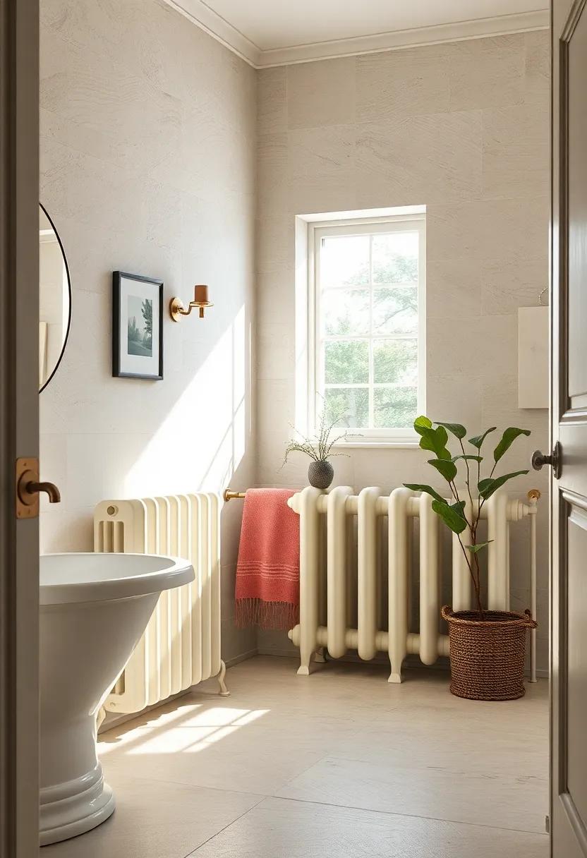 Ornamental Cast Iron Radiators Painted in Soft Cream Hues in a Sunlit Bathroom Corner
