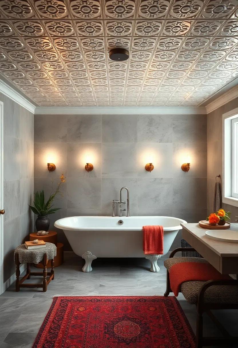 Pressed Tin Ceiling Panels Reflecting the Soft Glow of Antique Wall Sconces Around a Soaking Tub