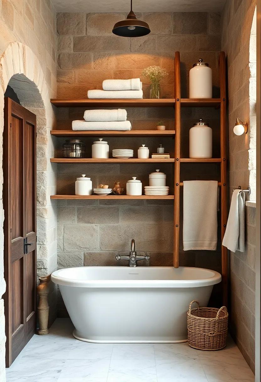 Rustic Wooden Ladder Shelves Holding Linen Towels and Vintage Porcelain Jars in Soft Neutral Tones