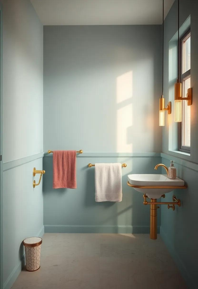 Shimmering Brass Towel Racks and Vintage Soap Dishes Set Against Faded Aqua Painted Walls