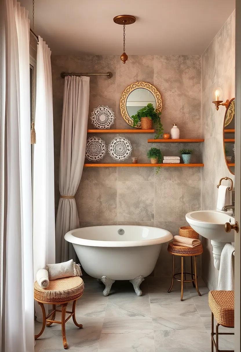 Soft Pastel Color Palettes Bringing Life to Retro Bathroom Curtains and Lace Doilies on Shelves