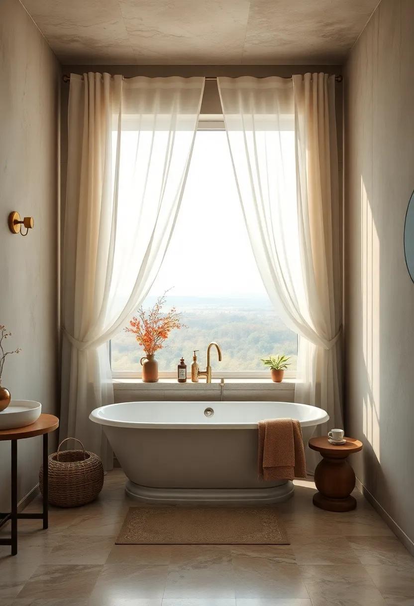Soft Sheer Curtains Billowing Near Frosted Windows Over a Freestanding Bathtub With a View