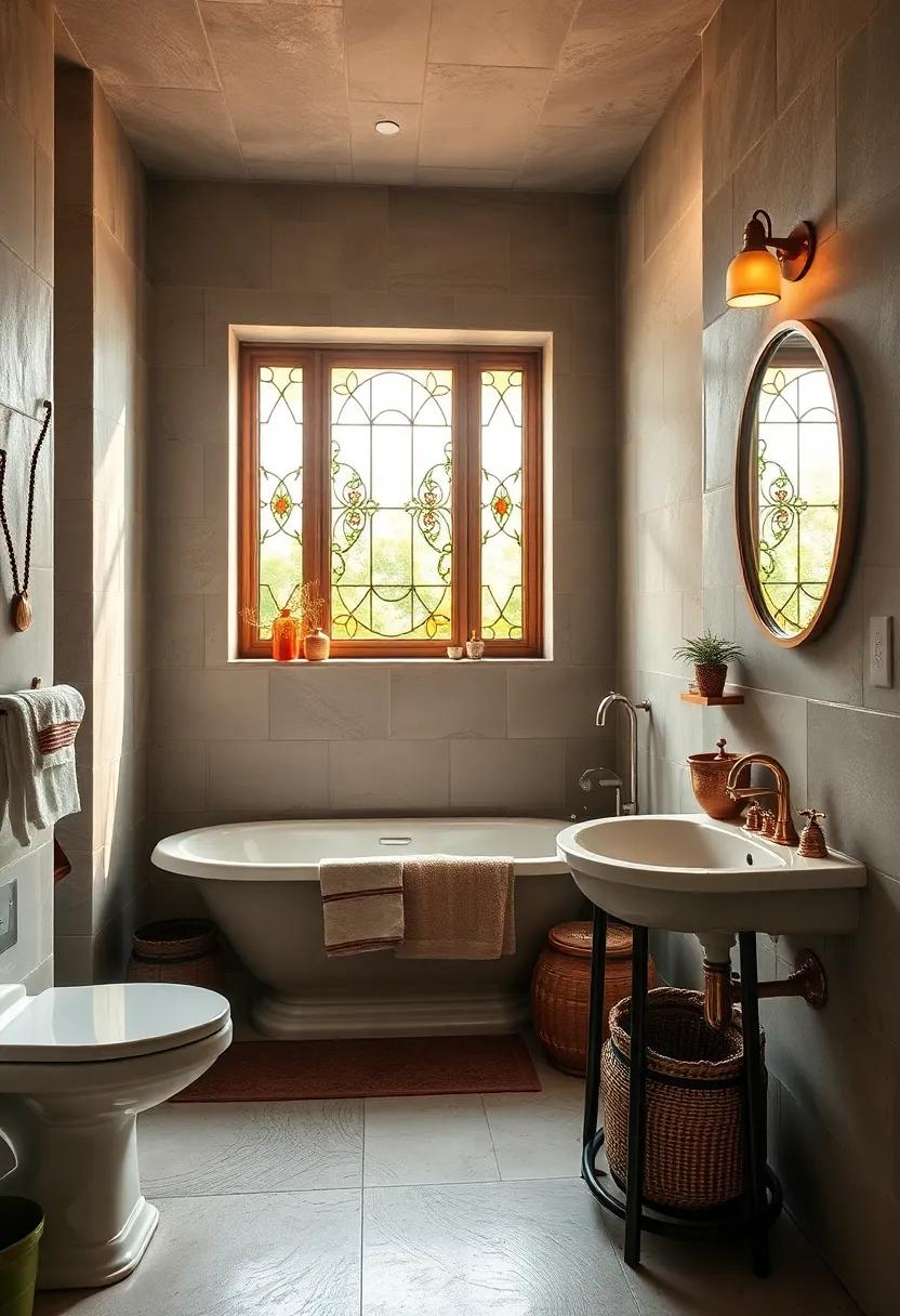 Sunlight Streaming Through Stained Glass Bathroom Windows Highlighting Vintage Copper Accessories