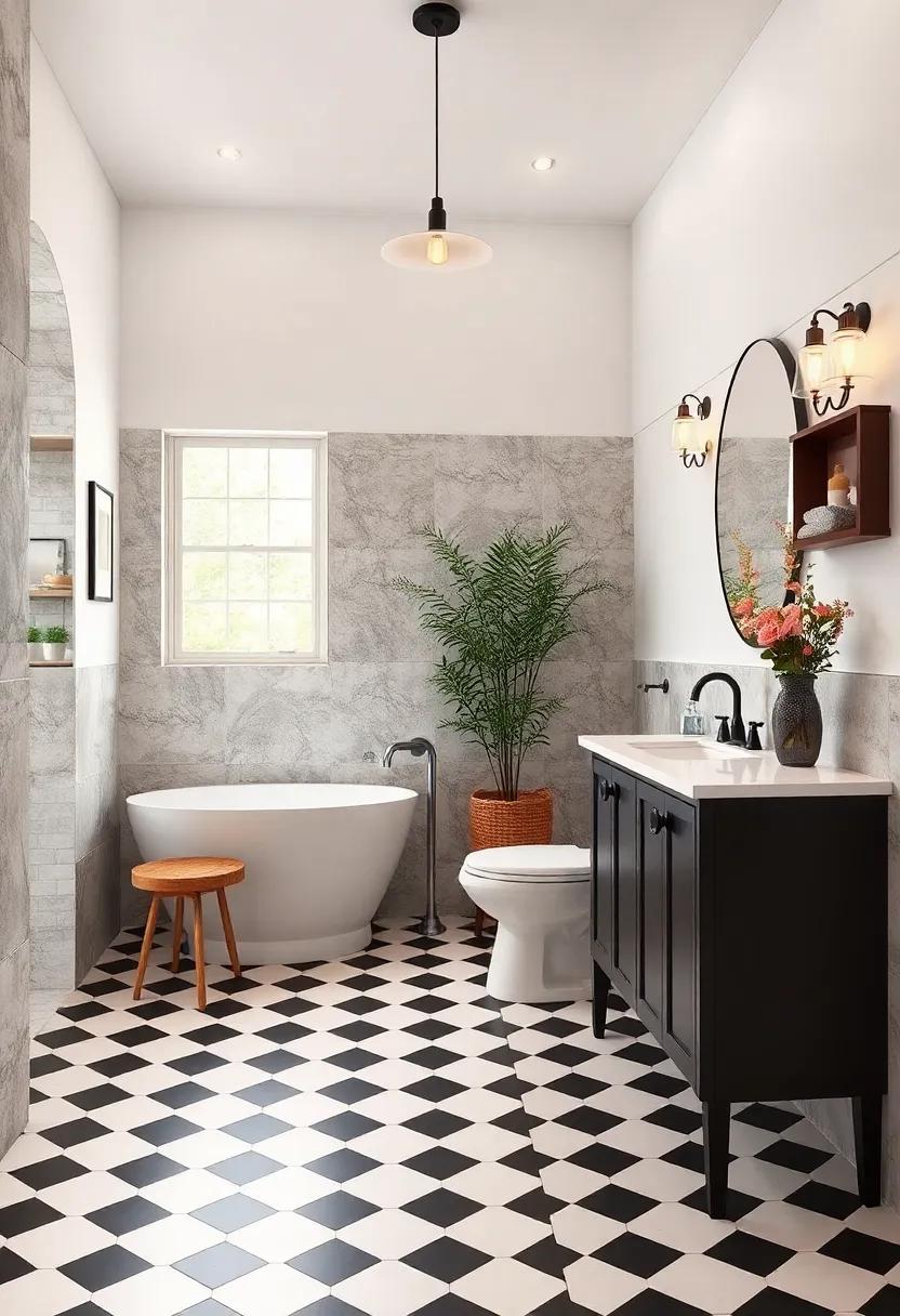 Timeless Black and White Checkerboard Flooring Paired with Mid-Century Retro Bathroom Cabinets