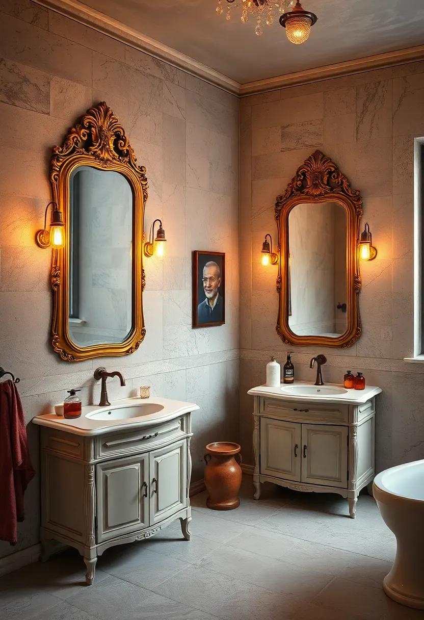 Warm Amber Glow of Vintage Edison Bulbs Highlighting Ornate Gilded Mirrors Above Victorian Vanities