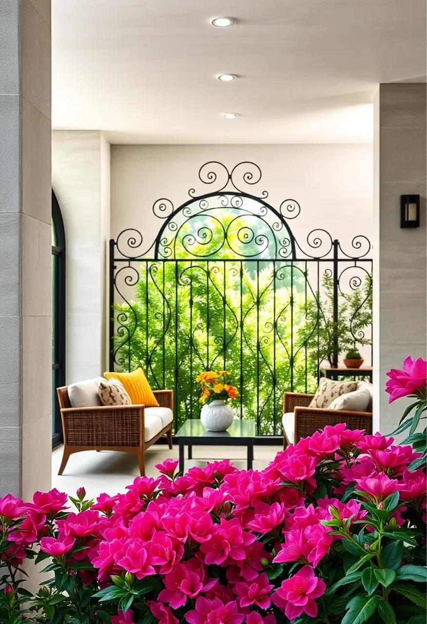 Art Nouveau Style Curves and Swirls in Garden Ironwork Surrounded by Blooming Azaleas