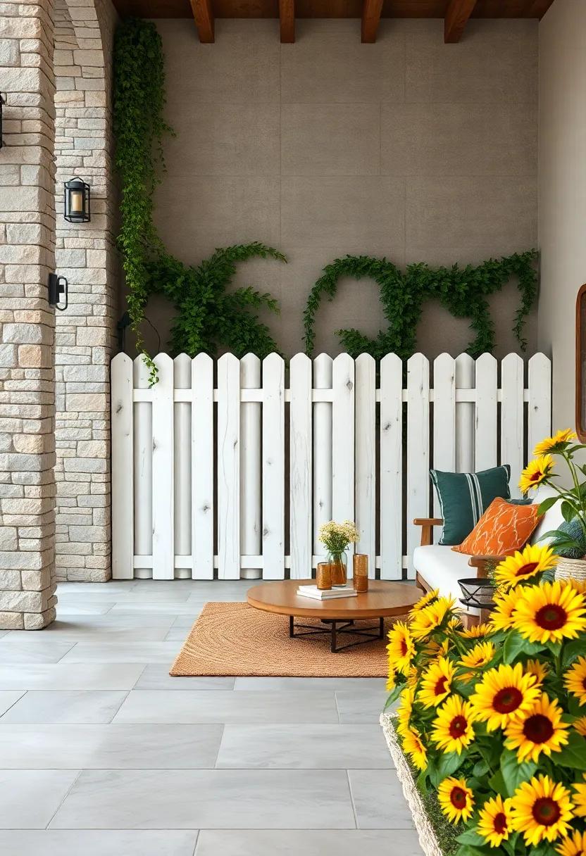 Charming White-Washed Fence Sections Contrasted by Vibrant Sunflower Borders