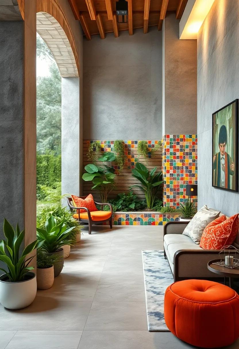 Colorful Mosaic Tile Panels Framing a Playful and Artistic Garden Boundary