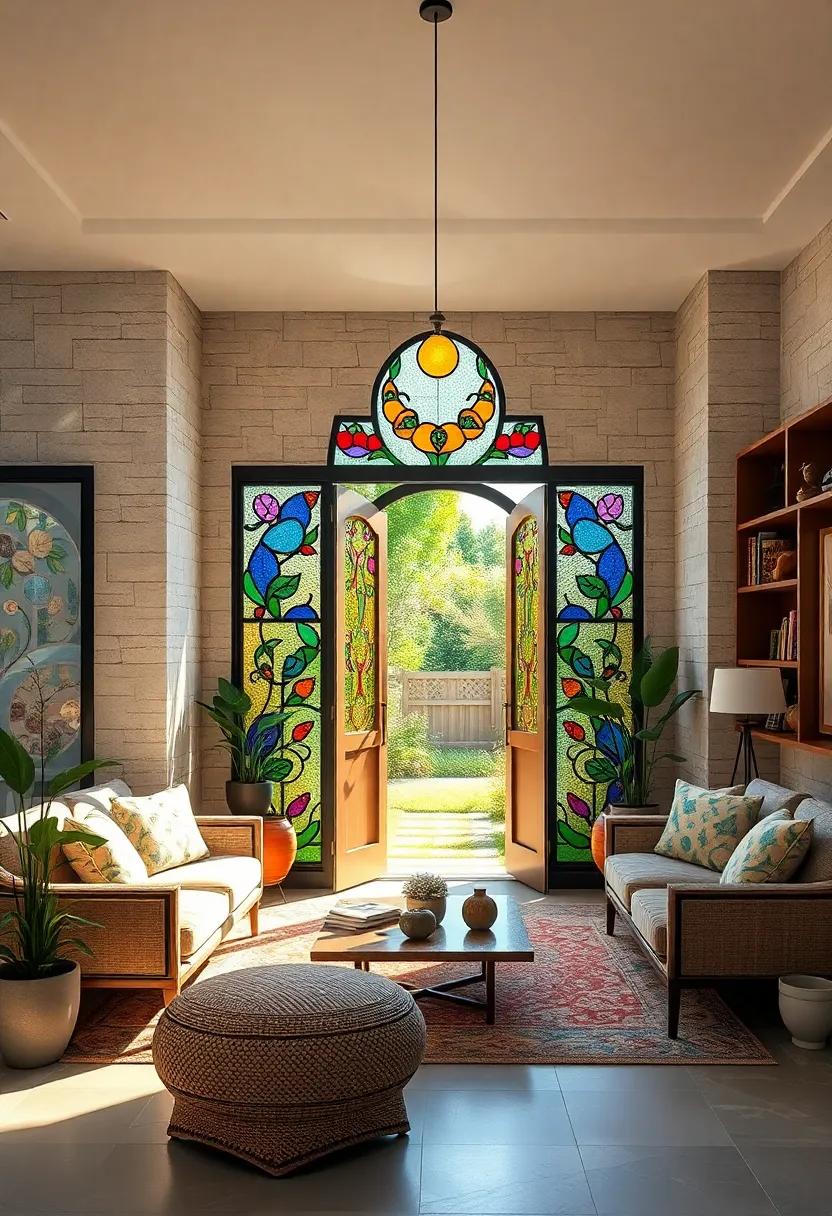 Colorful Stained Glass Inlays Highlighting an Enchanting Garden Gateway in Sunlight