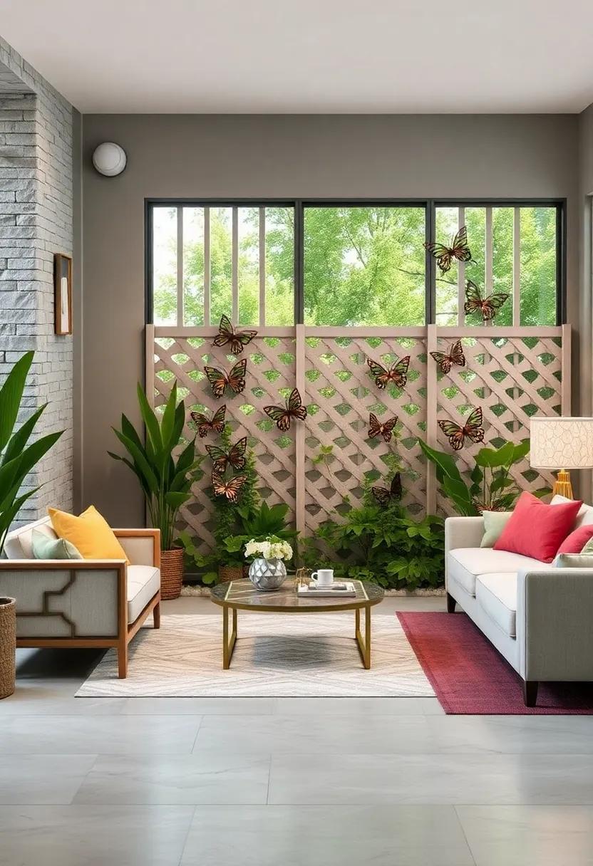 Delightful Butterfly-Shaped Metal Accents Perched on Soft Garden Lattice Panels