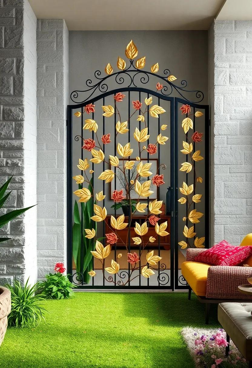 Enchanted Garden Gate Embellished with Gilded Leaves and Intricate Floral Cutouts