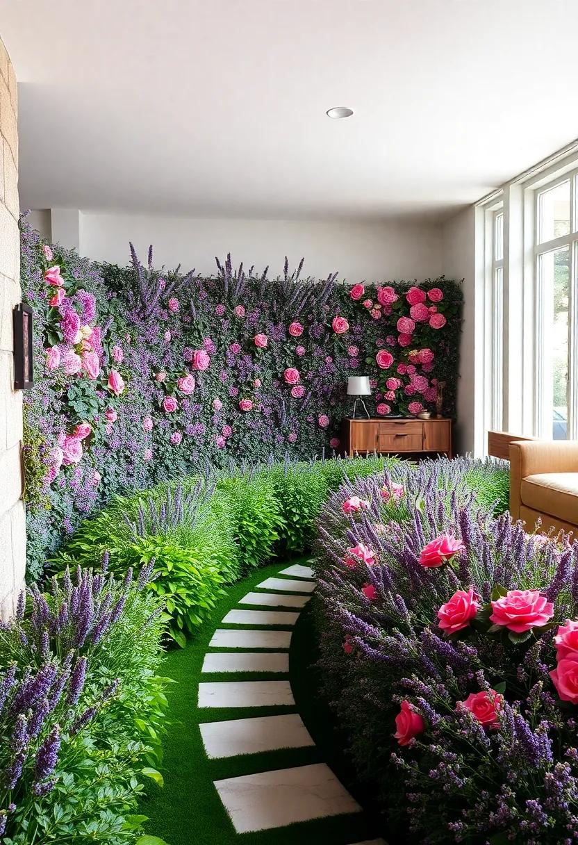 Lavender and Rose Hedges Sculpted into Whimsical Forms Along a Winding Path