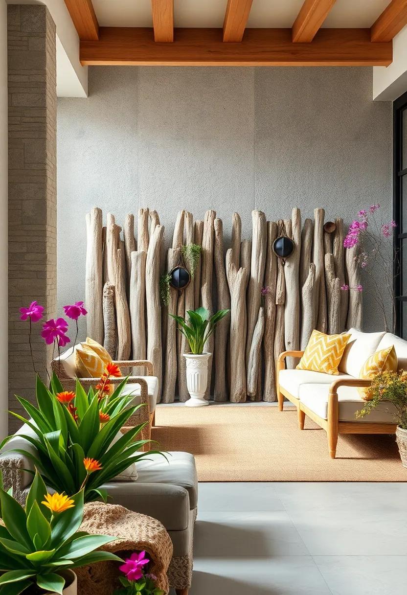 Natural Driftwood Fence Segments Blended Harmoniously with Coastal Garden Flora