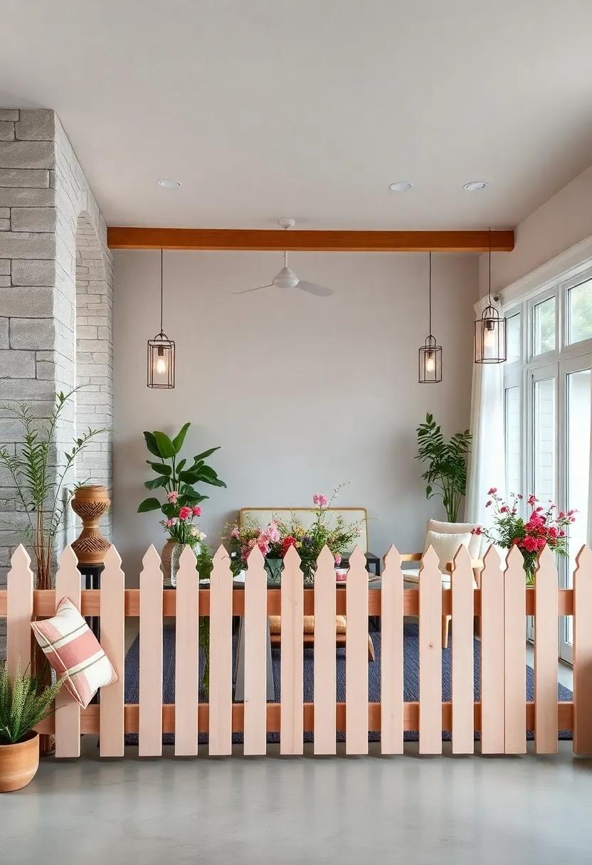 Pastel-Colored Wooden Picket Fences Adorned with Hanging Lanterns and Wildflowers