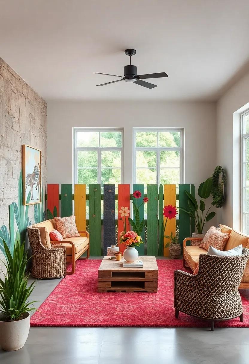 Playful Painted Pallet Fences Featuring Bright Patterns and Garden Creature Motifs