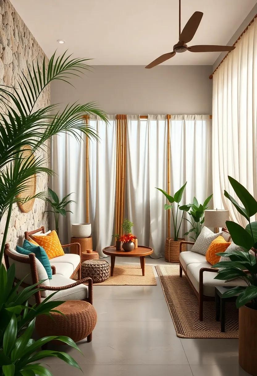 Rustic Bamboo Fences with Soft Draping Fabric for a Tropical Paradise Vibe