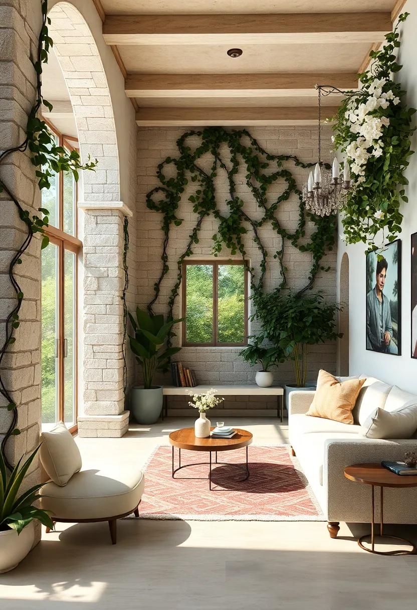 Rustic Stone Pillars Interlaced with Twisting Ivy and Climbing Jasmine Blooms