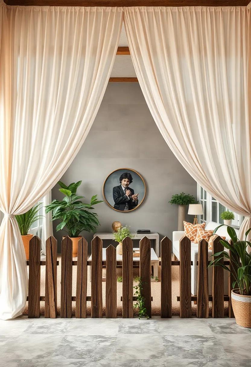 Soft Drapery Cascading Over Rustic Garden Fence Posts Creating a Dreamy Ambience