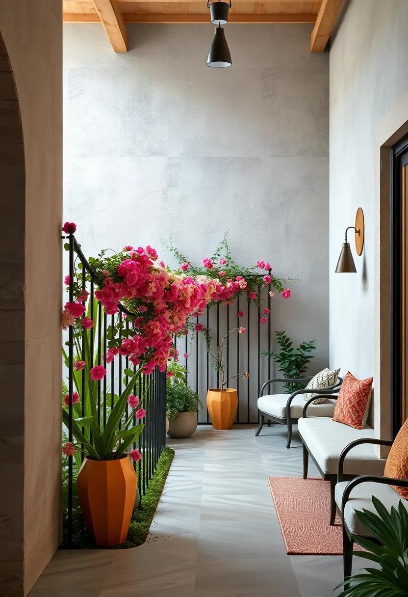 Vibrant Floral Garland Draped Along Curved Metal Fence Rails in a Secret Garden Nook