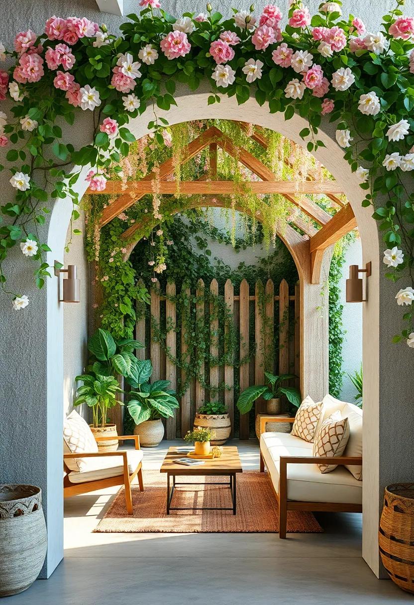 Whimsical Wooden Arches Laden with Blooming Vines Creating a Romantic Garden Entrance