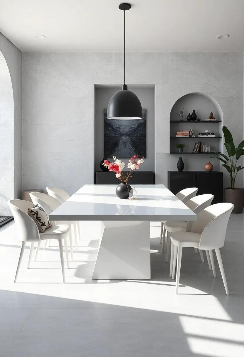 The Bold Pairing of White Dining Tables and Black Accents for a Timeless Monochromatic Look