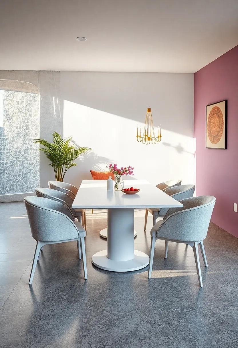 The Contrast of White Dining Tables Against Bold Colored Walls Creating a Stunning Visual Statement