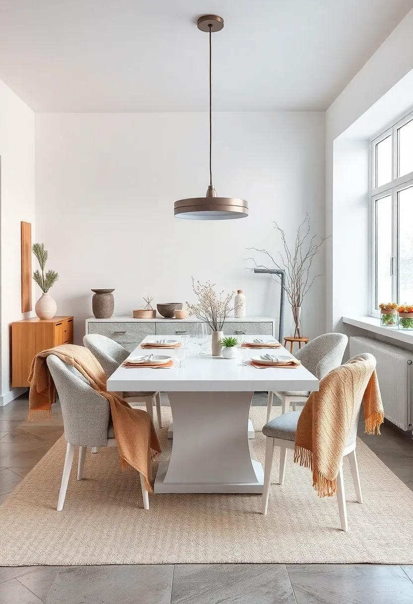 A Cozy Winter Dining Scene Featuring a White Dining Table, Warm Throws, and Seasonal Decor