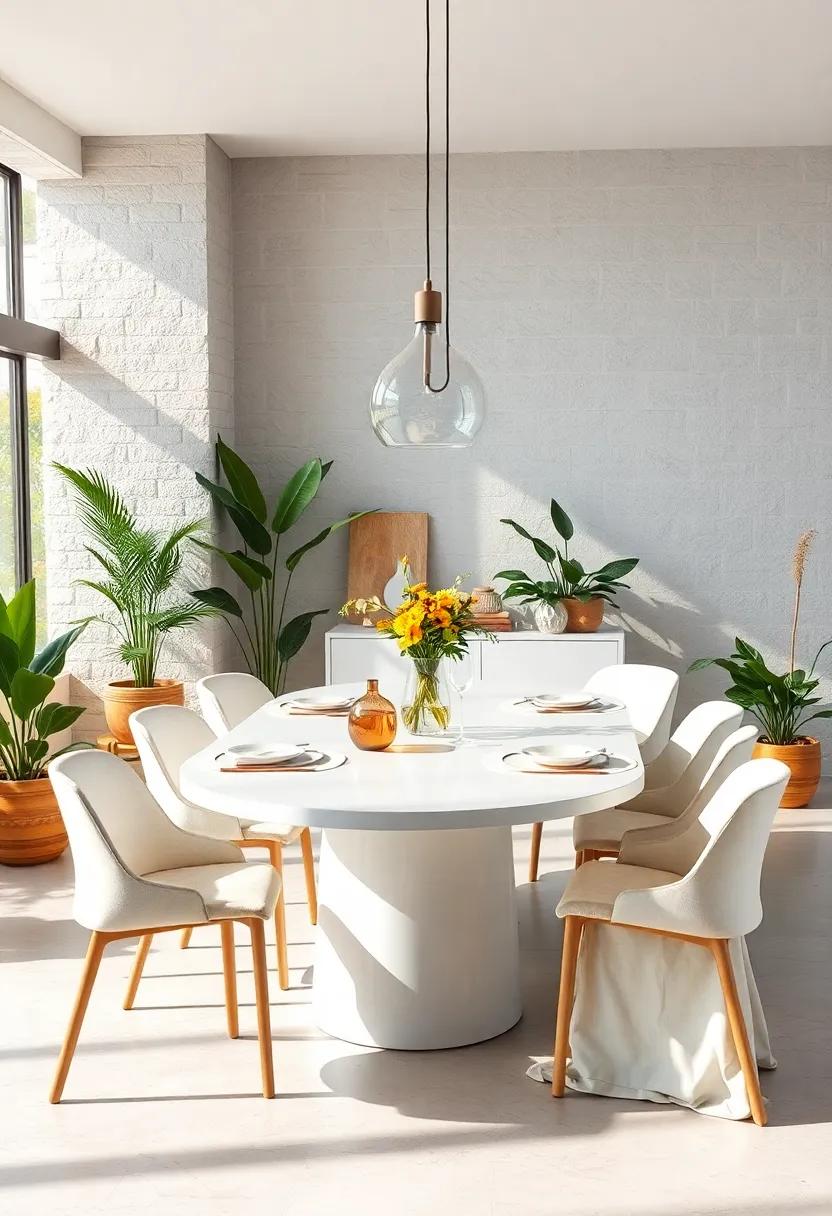The Natural Beauty of White Dining Tables Complemented by Indoor Plants and Earthy Elements