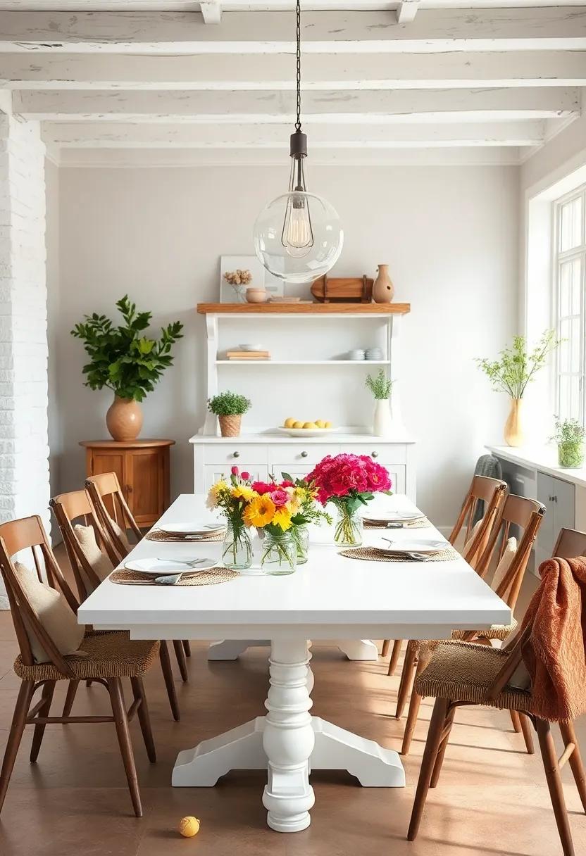 A Rustic Farmhouse White Dining Table Styled with Mason Jars and Fresh Flowers for Country Charm