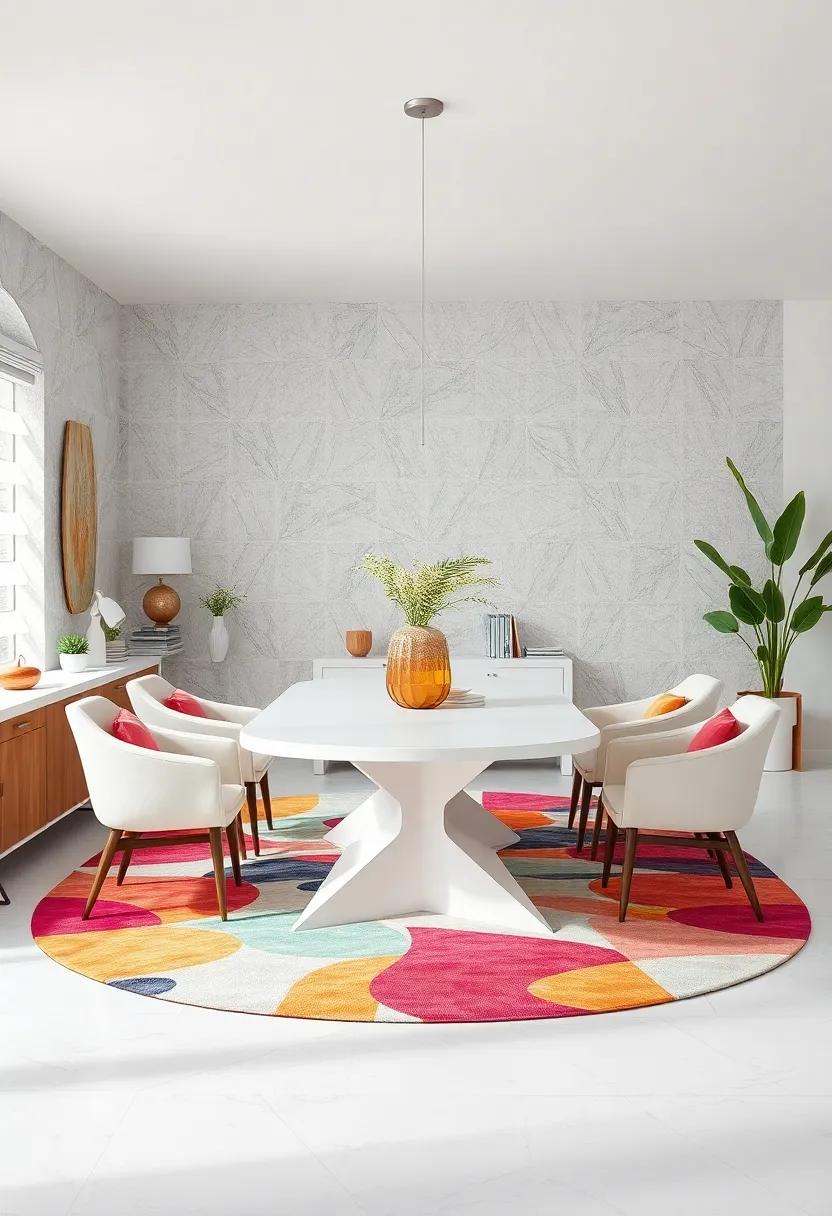The Serendipity of Combining White Dining Tables with Colorful Abstract Rugs for a Vibrant Feel