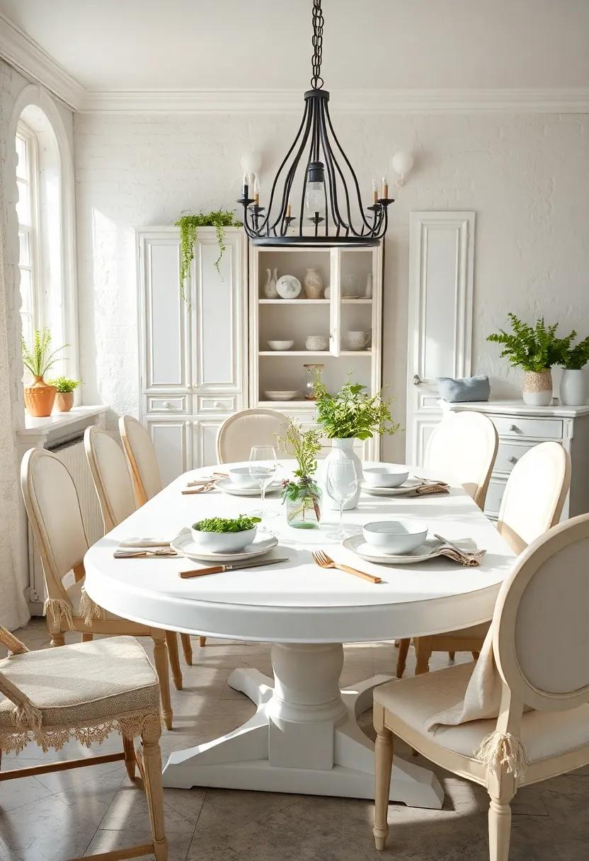 A Shabby Chic White Dining Table Setting Adorned with Vintage China and Fresh Herbs for Elegance